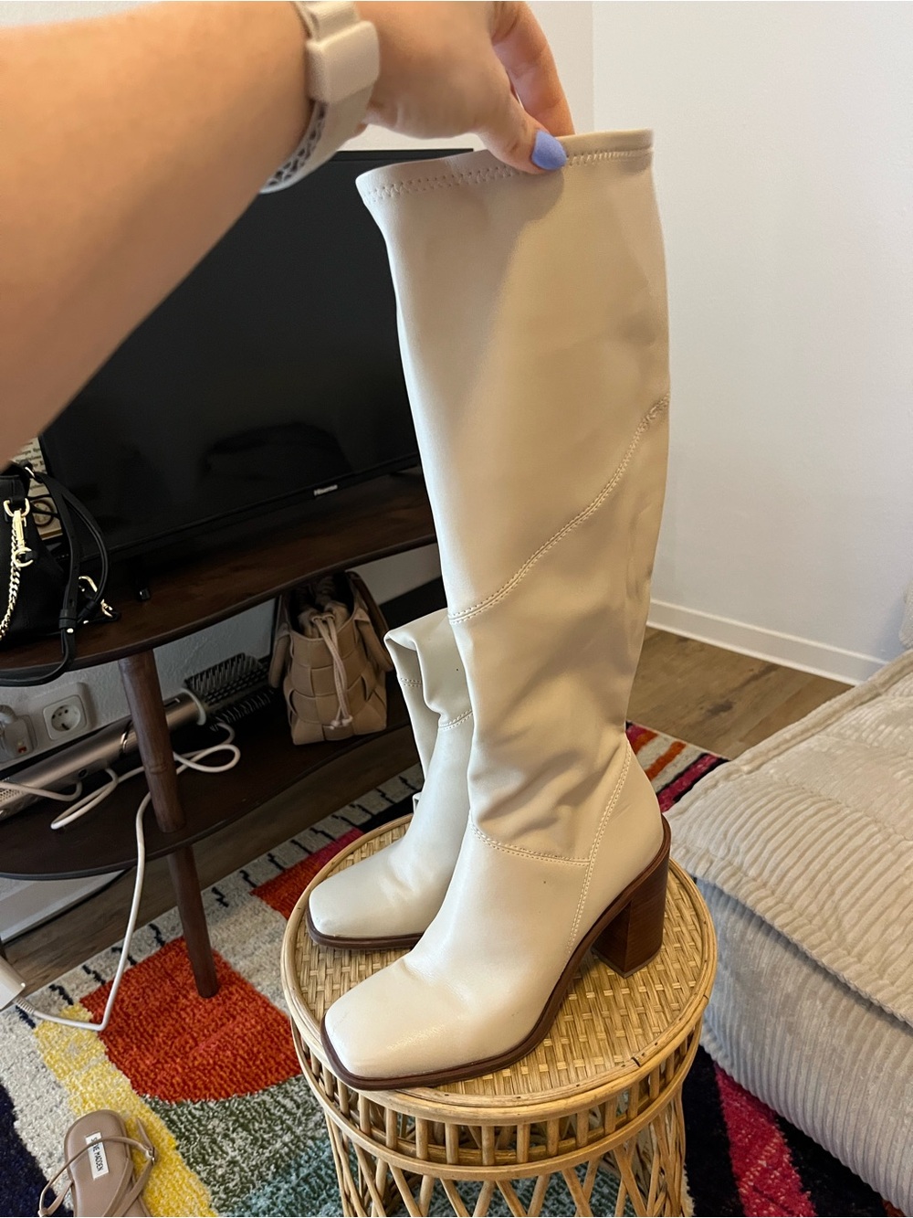 Franco Sarto Cream Knee High Block Heel Boots - Picture 2 of 4